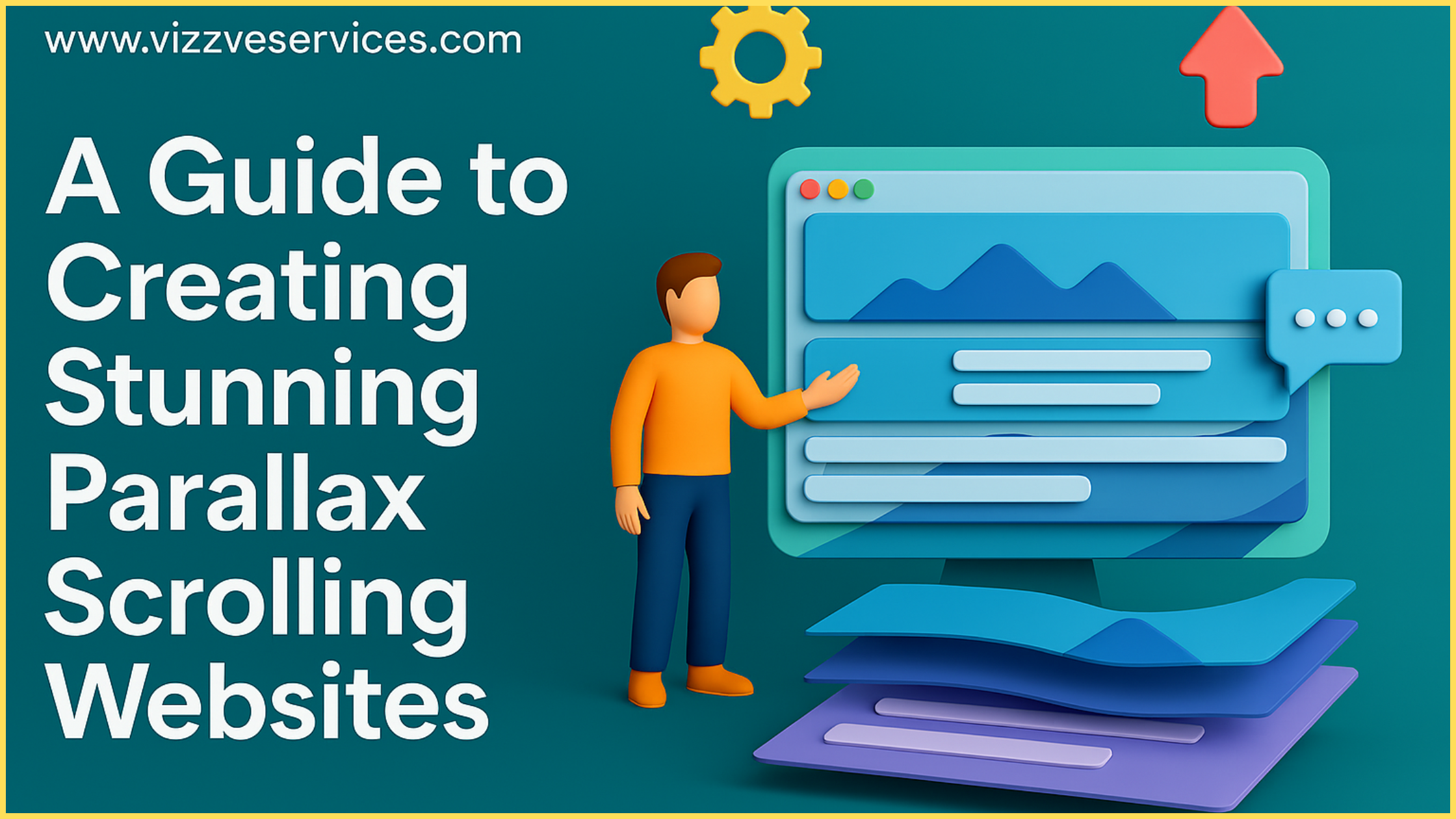 3D illustration of a layered website showcasing parallax scrolling effects with engaging design elements
